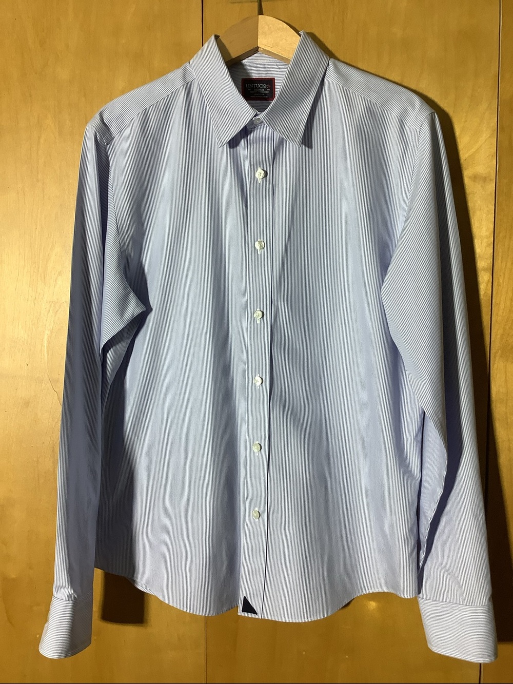Untuckit blue and white stripe long sleeved cotton shirt, size medium